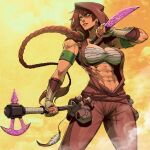  1girl abs absurdres axe breasts chest_sarashi cleavage danusko dual_wielding earrings facepaint feathers gloves highres holding jewelry knife long_braid long_hair muscular muscular_female open_clothes orange_background orange_eyes original pouch red_hair sarashi solo toned 