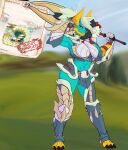  anthro armor big_sword blue_body blue_fur capcom fanged_wyvern female flexing fur hi_res holding_object holding_weapon horn kingchan melee_weapon monster_hunter muscular muscular_female solo sword unconvincing_armor video_games weapon zena zinogre 