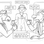  anthro avian balls black_and_white clothed clothed/nude clothed_male_nude_male clothing coffee_cup comic container cup dialogue dragon ears_down embarrassed english_text fully_clothed fuze fuzedragon genitals group half-erect hi_res holding_coffee_cup holding_container holding_cup holding_object humanoid_genitalia humanoid_penis lanyard male mammal monochrome navel necktie nipples nude penis pivoted_ears pubes scalie text trio 