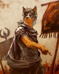  anthro armor australian_cattle_dog black_nose blue_eyes canid canine canis cattledog domestic_dog eyebrows fur gesture gloves_(marking) grey_body grey_fur grey_hair hair herding_dog hi_res laurel_wreath looking_aside male mammal markings orange_body orange_eyebrows orange_fur pastoral_dog pointing rhodie_(rhodysia) roman shanikafaceless short_hair solo standing 