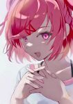 1girl :d bangs bob_cut bra_strap casual close-up collarbone commentary doki_doki_literature_club fang hair_ornament hair_ribbon highres interlocked_fingers izumi_kazumi looking_at_viewer natsuki_(doki_doki_literature_club) open_mouth own_hands_together pink_eyes pink_hair portrait red_ribbon ribbon shirt short_hair smile solo steepled_fingers swept_bangs two_side_up white_background white_shirt x_hair_ornament 