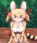  1girl animal_ear_fluff animal_ears bow bowtie brown_eyes brown_hair cat_ears cat_girl cat_tail extra_ears highres kemono_friends kemono_friends_v_project large-spotted_genet_(kemono_friends) long_hair looking_at_viewer microphone rest_in_muni ribbon shirt skirt solo suspenders tail twintails virtual_youtuber 