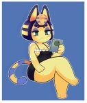  3_fingers 3_toes animal_crossing ankha_(animal_crossing) anthro big_breasts black_nightgown blue_eyes blue_hair breasts cleavage clothed clothing digital_media_(artwork) domestic_cat egyptian eyebrows eyelashes eyeshadow feet felid feline felis female fingers frown fur hair hi_res holding_object holding_tablet huge_breasts lingerie makeup mammal nintendo onigiri_punch pokemon pokemon_(species) purple_eyeshadow side_boob simple_background sitting solo thick_thighs toes topwear video_games yellow_body yellow_fur 