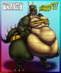  2022 absurd_res anthro areola areola_slip belly belly_scales big_belly big_breasts bottomwear breasts burping butt clothing dragon english_text female green_body green_scales hi_res horn huge_thighs if_hell_had_a_taste multicolored_body multicolored_scales nipple_outline non-mammal_breasts obese obese_anthro obese_female one_eye_closed open_mouth overweight overweight_anthro overweight_female red_eyes scales scar shorts skylar_tarvos solo stuffing text thick_thighs topwear torn_bottomwear torn_clothing torn_shorts two_tone_body two_tone_scales viroveteruscy yellow_body yellow_scales yellow_sclera 