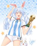  1girl 2022_fifa_world_cup absurdres animal_ears argentina bangs blue_hair braid breasts bunny-shaped_pupils fifa_world_cup_trophy highres hikimayu hololive hololive_fantasy long_hair looking_at_viewer natch_imaycz nousagi_(usada_pekora) orange_eyes rabbit_ears rabbit_girl shirt short_eyebrows sidelocks simple_background small_breasts smile sportswear striped striped_shirt swept_bangs symbol-shaped_pupils thick_eyebrows twin_braids twintails usada_pekora virtual_youtuber world_cup 