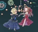  1boy 1girl aerith_gainsborough backless_dress backless_outfit bare_shoulders black_footwear black_gloves black_hairband blonde_hair blue_dress blue_eyes bluelimbo8888 blush bow bracelet braid brown_hair chibi closed_eyes cloud_strife crossdressing dress fang final_fantasy final_fantasy_vii final_fantasy_vii_remake fireworks flamenco_dress flower full_body gloves hair_bow hair_flower hair_ornament hair_ribbon hairband jewelry juliet_sleeves long_dress long_hair long_sleeves looking_at_another official_alternate_costume open_mouth outstretched_hand pink_bow puffy_sleeves red_dress red_flower red_ribbon ribbon ringlets side_slit smile spiked_hair strappy_heels sweatdrop twin_braids white_footwear 