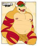  2021 anthro areola balls bdsm belly bodily_fluids bondage bound bowser christmas digital_media_(artwork) eyebrows foreskin gendomx genital_fluids genitals glans hair half-erect hi_res holidays horn humanoid_genitalia humanoid_penis kneeling koopa male mario_bros navel nintendo nipples nude open_mouth overweight overweight_anthro overweight_male partially_retracted_foreskin pecs penis precum red_hair ribbon_bondage ribbons scalie solo teeth tongue vein veiny_penis video_games 