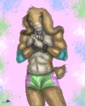  armor blue_eyes bottomwear bracers clothing cute_expression elbow_pads floppy_ears fur lagomorph leporid lop_ears male mammal rabbit shorts simple_background tan_body tan_fur whimsicalsquirrel wrestler 