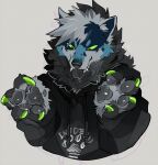  2022 4_fingers anthro black_pawpads bust_portrait canid canine clothing cute_fangs fingers footprint hi_res hoodie male mammal pawpads pawprint portrait simple_background solo tongue tongue_out topwear windwttom 
