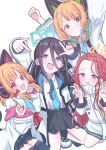  4girls absurdres animal_ear_headphones animal_ears aris_(blue_archive) arms_up bangs black_hair black_skirt black_socks black_thighhighs blonde_hair blue_archive blue_bow blue_eyes blue_necktie bow braid cat_ear_headphones cat_tail claw_pose clenched_hands commentary dot_nose double_v eyelashes fake_animal_ears forehead giorgio_(yo_sumire_sola1) green_eyes hair_between_eyes hair_bow halo hands_up headphones highres jacket kneeling legs light_blush long_hair long_sleeves looking_at_viewer medium_hair messy_hair midori_(blue_archive) momoi_(blue_archive) multiple_girls necktie open_mouth pink_eyes pleated_skirt purple_eyes red_bow red_hair serious shirt sitting skirt smile socks sparkle tail thighhighs thighs v v-shaped_eyebrows wariza wavy_mouth white_background white_footwear white_jacket white_shirt yuzu_(blue_archive) 