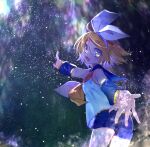  1girl :d aurora bare_shoulders blonde_hair blue_eyes blush bow breasts detached_sleeves hair_bow hair_ornament hairclip kagamine_rin light_particles looking_at_viewer looking_back neckerchief night night_sky nyaumineko open_mouth outstretched_arm outstretched_hand pointing pointing_up reaching_towards_viewer sailor_collar sailor_shirt shirt short_hair shorts sky sleeveless sleeveless_shirt small_breasts smile solo star_(sky) starry_sky vocaloid white_bow yellow_nails yellow_neckerchief 