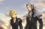  2boys aqua_eyes armor bangs black_jacket black_shirt blonde_hair chest_strap cloud cloud_strife cloudy_sky detached_sleeves final_fantasy final_fantasy_vii final_fantasy_vii_advent_children grey_hair hair_between_eyes high_collar jacket long_bangs long_hair long_sleeves looking_at_another male_focus multiple_boys outdoors parted_bangs popochan-f sephiroth shirt short_hair shoulder_armor single_bare_shoulder single_detached_sleeve sky sleeveless sleeveless_shirt spiked_hair toned toned_male upper_body 