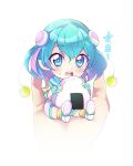  1girl absurdres bangs blue_eyes blue_gloves blue_hair blush commentary_request eating fingerless_gloves food gloves hagoromo_lala highres in_palm minigirl mitsuki_tayura onigiri open_mouth pointy_ears precure short_hair sitting_on_hand solo star-shaped_pupils star_(symbol) star_twinkle_precure symbol-shaped_pupils white_background 