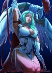  1girl absurdres aduti_momoyama animal aqua_hair arm_up armpits bird blue_eyes blue_gemstone breasts cape circlet cleavage dress eyelashes fire_emblem fire_emblem_heroes full_body gauntlets gem gradient gradient_background grey_footwear hair_intakes highres holding holding_polearm holding_weapon kneeling large_breasts long_hair muscular muscular_female nott_(fire_emblem) pelvic_curtain polearm red_cape sandals smile solo spear toenails wavy_hair weapon white_dress 