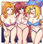  3girls ahoge background_text bleach blonde_hair blue_bra blue_eyes blue_panties border bra breasts cleavage collarbone crossover dark_magician_girl english_commentary english_text green_eyes hair_between_eyes hand_on_hip hand_on_own_chest hand_on_own_thigh high_school_dxd large_breasts leaning_forward long_hair looking_at_viewer matsumoto_rangiku mole mole_under_mouth multiple_girls navel off_shoulder one_eye_closed open_mouth orange_hair outside_border panties patreon_username purple_bra purple_panties red_hair redjet rias_gremory simple_background smile strap_slip underwear underwear_only white_border white_bra white_panties yu-gi-oh! 
