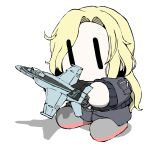  1girl aircraft airplane belt black_jacket blonde_hair blue_skirt bomber_jacket chibi f-18_hornet fighter_jet holding hornet_(kancolle) jacket jet kantai_collection long_hair long_sleeves military military_vehicle model pencil_skirt skirt solid_eyes solo task_(s_task80) 