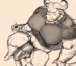  2022 anthro balls_outline beard biceps big_bulge big_muscles big_pecs blush bodily_fluids body_hair bovid bovine bulge cape_buffalo chief_bogo clothing digital_media_(artwork) disney ear_piercing ear_ring erection facial_hair genital_outline guide_lines happy_trail hi_res high-angle_view horn male mammal muscular muscular_anthro muscular_male muscular_thighs navel nipple_outline pecs piercing pubes quads ring_piercing shirt sitting sketch solo sweat teeth tenting thick_thighs thong tight_clothing tight_shirt tight_topwear topwear tora_gy underwear zootopia 