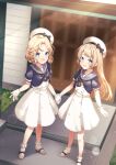  2girls bangs blonde_hair blue_eyes blue_sailor_collar bobby_socks day door dress full_body gloves grey_footwear hat highres house janus_(kancolle) jervis_(kancolle) kantai_collection long_hair looking_at_viewer mary_janes mashiro_aa multiple_girls open_mouth outdoors parted_bangs sailor_collar sailor_dress sailor_hat shoes short_hair smile socks white_dress white_gloves white_headwear white_socks 