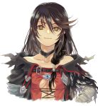  1girl bandaged_arm bandages bangs bare_shoulders black_choker black_jacket breasts brooch choker cleavage collarbone hair_between_eyes jacket jewelry lace-up_top long_hair looking_at_viewer medium_breasts niku_(mikantabetaizoo) smile solo swept_bangs tales_of_(series) tales_of_berseria torn_clothes torn_jacket underboob upper_body velvet_crowe white_background yellow_eyes 