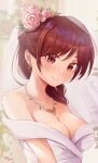  1girl bare_shoulders breasts bride brown_eyes brown_hair cleavage closed_mouth commentary dress flower hair_flower hair_ornament highres jewelry kanojo_okarishimasu large_breasts looking_at_viewer lygon mizuhara_chizuru necklace smile solo_focus wedding_dress 
