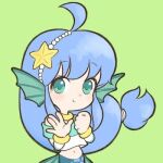  1girl aqua_eyes blue_hair blush chibi closed_mouth green_background hair_ornament long_hair looking_at_viewer lowres madou_monogatari mermaid monster_girl non-web_source ponytail puyopuyo serilly_(puyopuyo) simple_background smile solo source_request star_(symbol) 