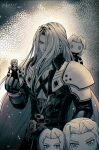  armor bangs black_gloves black_jacket chest_strap cowboy_shot dated elena_ivlyushkina figure final_fantasy final_fantasy_vii final_fantasy_vii_remake gloves grey_hair greyscale hair_over_one_eye highres holding holding_toy jacket long_bangs long_hair long_jacket long_sleeves looking_at_viewer male_focus merchandise monochrome one_eye_covered parted_bangs polygonal sephiroth shoulder_armor stuffed_toy toy twitter_username 