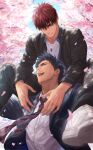  2boys aomine_daiki arms_up artist_name bangs black_jacket black_pants blazer blue_eyes blue_hair blue_sky buttons carrying cherry_blossoms closed_mouth cloud collarbone collared_shirt commentary_request day diagonal-striped_necktie diagonal_stripes dress_shirt hair_between_eyes jacket jewelry kagami_taiga kuroko_no_basuke long_sleeves looking_at_another looking_down male_focus multiple_boys necklace necktie open_clothes open_jacket open_mouth outdoors pants petals purple_necktie red_eyes red_hair shirt shoes short_hair shoulder_carry sky smile sneakers striped striped_necktie teeth tongue tree white_footwear white_shirt wing_collar yaoi zawar379 