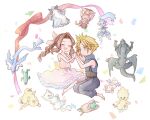  1boy 1girl aerith_gainsborough aqua_eyes baggy_pants bahamut_(final_fantasy) bangs bare_arms bare_shoulders barefoot belt blonde_hair blue_pants bluelimbo8888 blush bow braid braided_ponytail breasts brown_belt brown_hair carbuncle_(final_fantasy) chibi chocobo closed_eyes cloud_strife dragon dress fat_chocobo final_fantasy final_fantasy_vii final_fantasy_vii_remake hair_ribbon holding_hands ifrit_(final_fantasy) kneeling leviathan_(final_fantasy) long_hair looking_at_another moogle multiple_belts open_mouth pants parted_bangs pink_dress pink_ribbon ramuh red_bow ribbon sabotender shiva_(final_fantasy) short_hair sidelocks sleeveless sleeveless_dress sleeveless_turtleneck smile spiked_hair suspenders tonberry turtleneck 