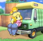  2022 animal_crossing anthro big_butt bottomwear butt canid canine canis clothed clothing denim denim_clothing domestic_dog female hi_res isabelle_(animal_crossing) jeans joaoppereiraus looking_at_viewer looking_back looking_back_at_viewer mammal medium_truck nintendo pants recreational_vehicle shih_tzu shirt short_stack smile solo thick_thighs topwear toy_dog truck_(vehicle) van vehicle video_games 