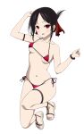  1girl absurdres bangs bikini black_hair blush breasts collarbone coro_fae folded_ponytail hair_ribbon highres kaguya-sama_wa_kokurasetai_~tensai-tachi_no_renai_zunousen~ looking_at_viewer navel open_mouth parted_bangs red_eyes red_ribbon ribbon sandals scrunchie shinomiya_kaguya short_hair side-tie_bikini_bottom sidelocks small_breasts solo swimsuit thigh_strap thighs wrist_scrunchie 