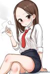  1girl arm_support bangs between_fingers black_skirt blush breasts brown_eyes brown_hair cigarette collared_shirt crossed_legs feet_out_of_frame forehead highres holding holding_cigarette karakai_jouzu_no_takagi-san long_hair long_sleeves looking_at_viewer mask mask_pull mouth_mask necktie note2000 panties parted_bangs parted_lips pencil_skirt red_necktie shadow shirt sigh simple_background sitting skirt small_breasts smoke solo surgical_mask takagi-san underwear white_background white_panties white_shirt 