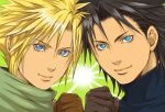  2boys bangs black_hair blonde_hair blue_eyes blue_shirt brown_gloves clenched_hand close-up cloud_strife final_fantasy final_fantasy_vii gloves green_background green_scarf hair_between_eyes looking_at_viewer male_focus multiple_boys parted_bangs popochan-f scarf shirt short_hair smile spiked_hair star-shaped_pupils star_(symbol) symbol-shaped_pupils turtleneck upper_body zack_fair 