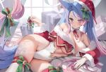  1girl animal_ear_fluff animal_ears bangs beyumi blue_hair bow breasts cleavage detached_collar fur_trim hat highleg highleg_leotard large_breasts leotard looking_at_viewer lying mistletoe multicolored_hair on_side parted_bangs pink_hair santa_hat silvervale solo strapless strapless_leotard tail tail_bow tail_ornament thighhighs virtual_youtuber vshojo white_thighhighs wolf_ears wolf_tail 