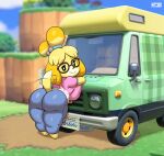  2022 animal_crossing anthro big_butt bottomwear butt canid canine canis clothed clothing denim denim_clothing domestic_dog eyewear female glasses hi_res isabelle_(animal_crossing) jeans joaoppereiraus looking_at_viewer looking_back looking_back_at_viewer mammal medium_truck nintendo pants recreational_vehicle shih_tzu shirt short_stack smile solo thick_thighs topwear toy_dog truck_(vehicle) van vehicle video_games 