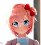  1girl artist_name bangs blazer blue_eyes blush bow brown_jacket close-up commentary doki_doki_literature_club dress_shirt english_commentary eyelashes hair_between_eyes hair_bow highres holding holding_paper jacket looking_at_viewer lovestruck luikbelang messy_hair paper parted_lips pink_hair pixiv_username portrait raised_eyebrows red_bow sayori_(doki_doki_literature_club) school_uniform shirt short_hair short_sidetail solo very_short_hair white_background white_shirt 