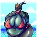  &lt;3 absurd_res anthro beach belly big_belly big_breasts bikini breasts clothed clothing cloud cumslutrobot female hi_res huge_breasts navel nipple_outline outside overweight seaside simple_background sky smile solo swimwear thick_thighs water 