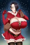  1girl aqua_eyes belt black_hair blush breasts capelet christmas cleavage hair_over_one_eye happy_holidays highres holding_mistletoe huge_breasts knapsack lipstick makeup mistletoe navel original santa_costume saya_(twrlare) short_hair skirt smile solo thighhighs twrlare 