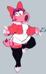  anthro birdo bow_ribbon clothed clothing eyeshadow female hi_res jacket legwear makeup mario_bros mascara nintendo on_one_leg one_eye_closed ring solo standing thick_thighs thigh_highs topwear video_games wink 