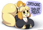  2022 absurd_res animal_crossing anthro ass_up big_breasts big_butt breasts butt canid canine canis cleavage clothed clothing dialogue domestic_dog english_text female gaming hi_res huge_breasts huge_butt huge_thighs isabelle_(animal_crossing) mammal nintendo nintendo_switch nipple_outline open_mouth panties shih_tzu shirt smile solo speech_bubble t-shirt text thick_thighs topwear toy_dog ultrastax underwear video_games 
