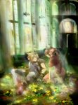  1boy 1girl aerith_gainsborough armor bandaged_arm bandages bangle blonde_hair blue_pants blue_shirt boots bracelet braid braided_ponytail brown_hair church cloud_strife cropped_jacket dress final_fantasy final_fantasy_vii flower flower_bed full_body gloves hair_between_eyes hair_over_one_eye hair_ribbon indoors jacket jewelry kneeling lily_(flower) long_dress long_hair pants parted_lips pink_dress pink_ribbon puffy_short_sleeves puffy_sleeves reclining red_jacket ribbon shirt short_hair short_sleeves shoulder_armor sleeveless sleeveless_shirt smile spiked_hair stained_glass sunlight tomo_(552252) yellow_flower 