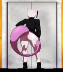  animated anthro big_breasts breasts casual_nudity cellphone clothed clothing female footwear generation_1_pokemon genitals ghost high_heels imminent_rape ineffective_clothing legendary_pokemon mew_tuely_(fan_character) mewtwo nintendo no_underwear office_lady phone pokemon pokemon_(species) pussy redangelart spirit video_games 