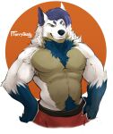  anthro blue_body blue_fur clothed clothing fur hands_on_hips hi_res male purple_body purple_fur smile solo terryskaii_(artist) topless topless_male white_body white_fur yellow_eyes 