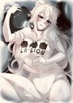  1girl absurdres animal_ears bar_censor black_eyes blush censored clothes_writing hair_between_eyes heavy_breathing highres hololive lion_ears lion_tail long_hair looking_at_viewer lying monochrome on_back open_mouth pussy shirt shishiro_botan short_sleeves ssrb_(shishiro_botan) sweat t-shirt tail virtual_youtuber wakaba_0922 white_shirt 