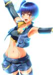  1girl :d armpits arms_up bangs bare_shoulders belt black_belt black_gloves black_sports_bra black_thighhighs blue_hair blue_shorts body_markings breasts brown_eyes chest_jewel cleavage collarbone commentary cowboy_shot crop_top elbow_gloves fiery_hair gloves glowing_lines groin highres looking_at_viewer midriff navel open_mouth sena_(xenoblade) short_shorts shorts side_ponytail sidelocks simple_background small_breasts smile snap-fit_buckle solo sports_bra standing thighhighs to_(tototo_tk) white_background xenoblade_chronicles_(series) xenoblade_chronicles_3 