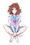  1girl bangs barefoot blue_sailor_collar blue_skirt brown_eyes brown_hair closed_mouth crossed_legs hibike!_euphonium highres kitauji_high_school_uniform kotomozou looking_to_the_side neckerchief oumae_kumiko pink_neckerchief pleated_skirt sailor_collar school_uniform serafuku shirt short_hair short_sleeves simple_background sitting skirt solo uniform white_background white_shirt 