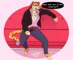  absurd_res anthro bulge clothed clothing cross ear_piercing ear_ring felid flirting gold_(metal) gold_jewelry gold_tooth hi_res jewelry male mammal open_clothing open_topwear pantherine paws piercing ring_piercing sitting solo speech_bubble terryskaii_(artist) tiger topwear 