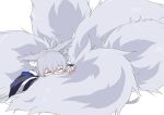  1girl animal_ear_fluff animal_ears azur_lane closed_eyes curled_up fox_ears fox_tail grey_hair kitsune multiple_tails shinano_(azur_lane) solo tail toro_yurei 