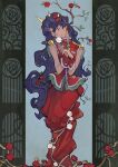  1girl branch closed_eyes closed_mouth crown dark-skinned_female dark_skin dress earrings flower full_body highres himemiya_anthy jewelry long_hair northwinddd plant pocket purple_hair red_dress rose shoujo_kakumei_utena solo very_long_hair vines white_flower white_rose wrist_cuffs 