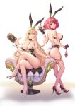  2girls absurdres alcohol alternate_costume animal_ears arm_strap armchair ass back bare_shoulders black_gloves black_leotard blonde_hair bracelet breasts chair chest_jewel circlet commentary_request cup detached_collar drinking_glass earrings fake_animal_ears fake_tail full_body gloves high_heels highres holding holding_tray jewelry ken-san large_breasts legs leotard long_hair looking_at_viewer multiple_girls mythra_(xenoblade) playboy_bunny pyra_(xenoblade) rabbit_ears rabbit_tail red_eyes red_hair short_hair sideboob tail thigh_strap thighs tray very_long_hair whiskey wrist_cuffs xenoblade_chronicles_(series) xenoblade_chronicles_2 yellow_eyes 