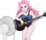  1girl bandaid bandaid_on_arm bandaid_on_leg blue_eyes blue_one-piece_swimsuit bocchi_the_rock! breasts chagama_teishoku cube_hair_ornament electric_fan electric_guitar gotou_hitori guitar hair_ornament highres holding holding_instrument instrument large_breasts long_hair music one-piece_swimsuit open_mouth pink_hair playing_instrument simple_background solo standing swimsuit white_background 